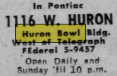 Firebird Lanes (Huron Bowl, JBs Lounge) - Oct 1955 Ad With Huron Address (newer photo)